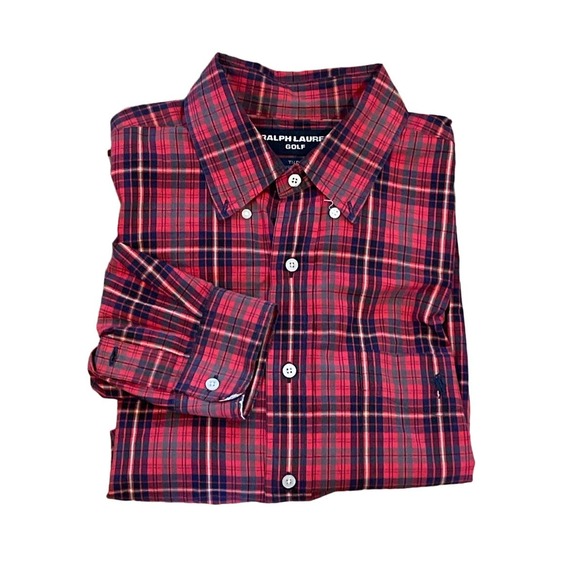 Mens‎ Ralph Lauren GOLF Red Plaid Tilden Long Sleeve Button Down sz L - Picture 1 of 6